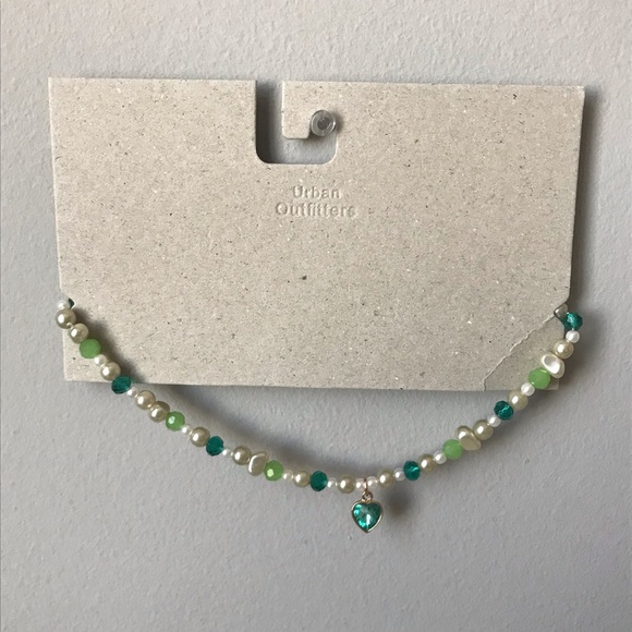 Green Heart Pendant on Faux Pearl/Green Bead Necklace